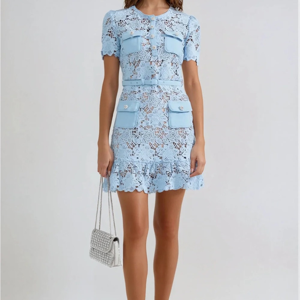Elegant Blue Lace Dress — Missime Lace Mini Dress with Pocket Details